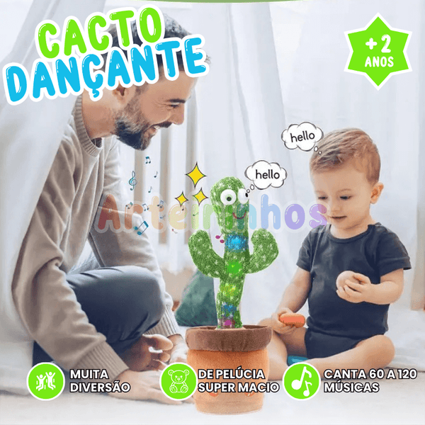Cacto Dançante Interativo Musical LED Arteirinhos: Brinquedo Pelúcia Repete Fala Divertido