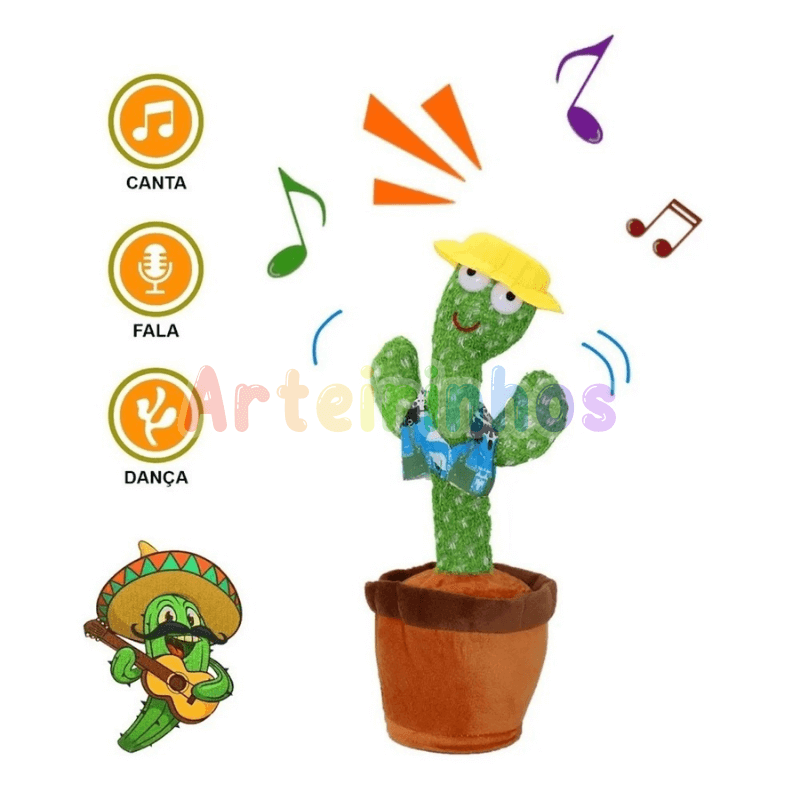 Cacto Dançante Interativo Musical LED Arteirinhos: Brinquedo Pelúcia Repete Fala Divertido