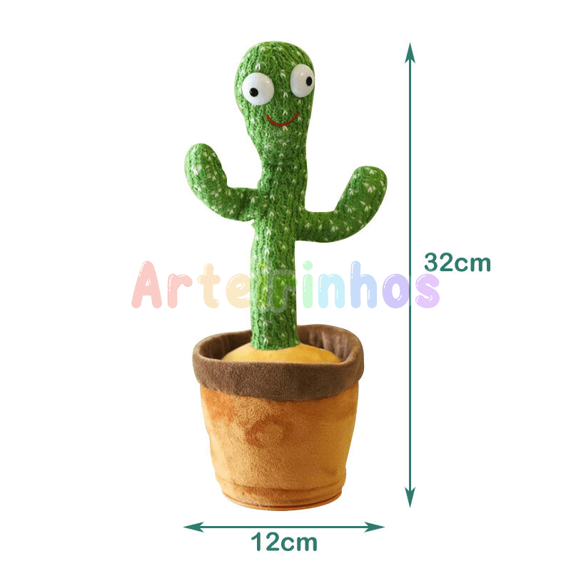 Cacto Dançante Interativo Musical LED Arteirinhos: Brinquedo Pelúcia Repete Fala Divertido